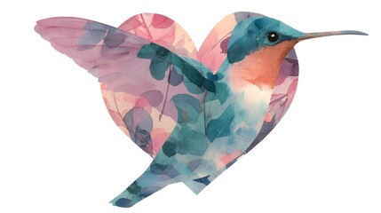 Fototapeta premium Delicate hummingbird in pastel aquatic tones blended with a heart shaped botanical design captured in a minimalist watercolor painting on a transparent background