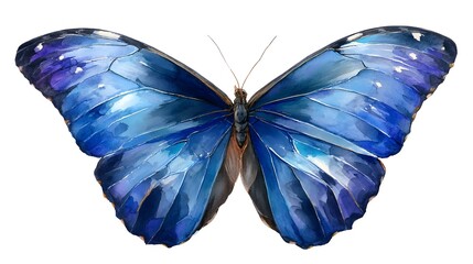 A stunning and vibrant blue butterfly with delicate transparent wings spread against a neutral backdrop captured in a watercolor painting style
