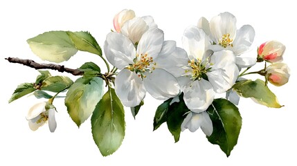 Delicate white apple blossoms in watercolor with fresh green leaves on a transparent background capturing the essence of spring botanical beauty