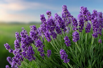 Obraz premium Closeup of vibrant purple lavender flowers in full bloom against a blurred green field and blue sky