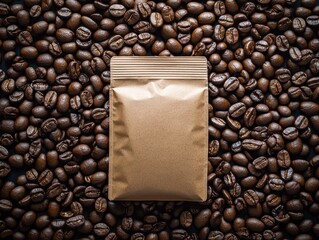 Brown Coffee Bag Surrounded by Roasted Coffee Beans Background