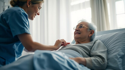 Obraz premium Compassionate Care Nurse Comforting Elderly Patient in Hospital Bed for Recovery and Wellness