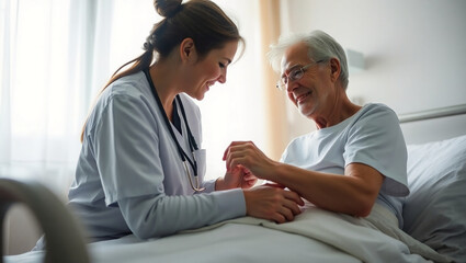 Compassionate Care: Young Nurse Comfortably Holds Elderly Patients Hand in Hospital Bed.