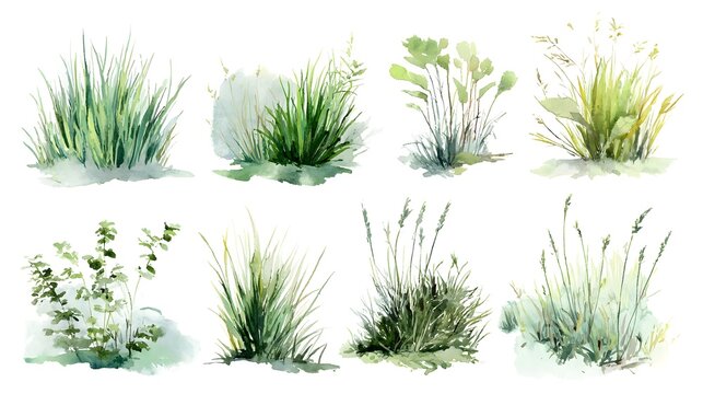 A collection of delicate watercolor style depicting various grass and plant patches in a range of soft verdant green tones against a transparent background