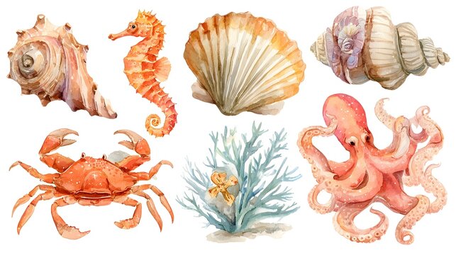 A vibrant watercolor collection featuring various marine life elements including seashells coral starfish seahorse crab and octopus set against a transparent background