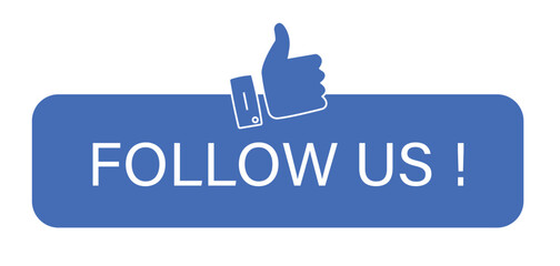 Follow us vector button with thumbs up icon – Blue social media like and follow symbol