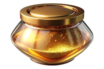 Golden powder filled glass jar with metallic gold lid isolated on white background