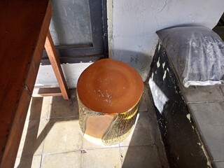 Rustic Tree Log Stool with Orange Seat