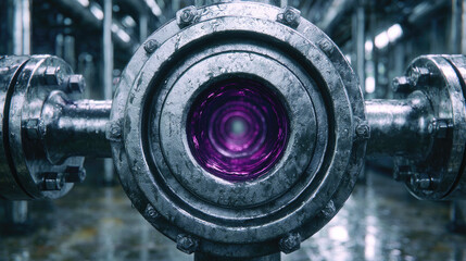 Fototapeta premium Hydrogen economy with infrastructure solution concept. An industrial pipe with a glowing purple lens focusing energy.