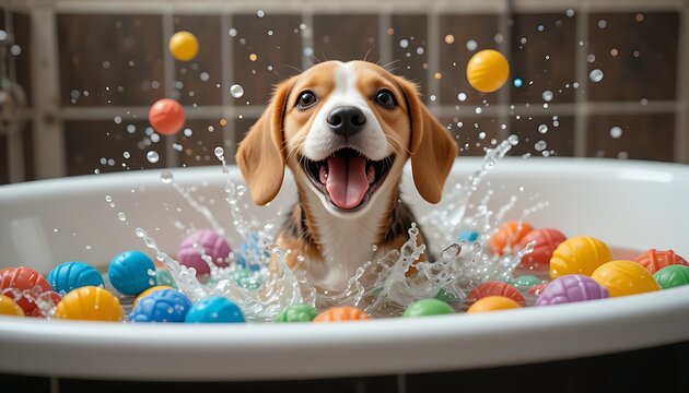 An extremely happy Beagle puppy is enjoying a bath, with water splashing around and colorful bath toys floating in the tub, looking directly at the camera.