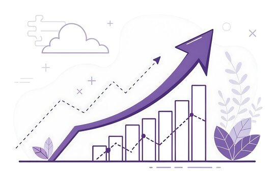 Purple arrow pointing upwards with bar graph and dotted line on white background illustration