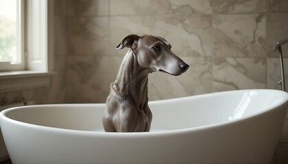  A sleek, grey Italian Greyhound dog stands calmly in a white bathtub, looking to the side with a dignified expression, bathed in soft light.