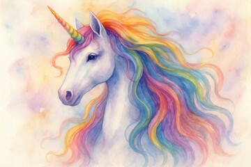 Fototapeta premium Magical watercolor unicorn with rainbow mane isolated on white background