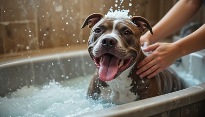 A happy brindle Pit Bull is enjoying a bath, enthusiastically panting with its tongue out as water splashes and human hands gently wash its fur.