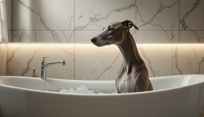  A sleek, grey Italian Greyhound dog stands calmly in a white bathtub, looking to the side with a dignified expression, bathed in soft light.