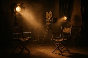 Abandoned Movie Theater Set with Dramatic Lighting and Vintage Equipment