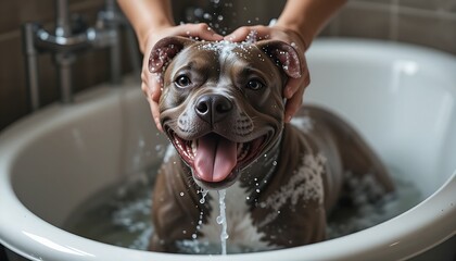 A happy brindle Pit Bull is enjoying a bath, enthusiastically panting with its tongue out as water splashes and human hands gently wash its fur.