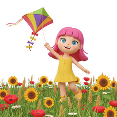 Joyful 3d cartoon girl with pink hair flying a colorful kite in a sunny meadow isolated on transparent background