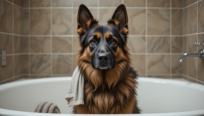 A majestic German Shepherd dog is sitting attentively in a white bathtub, draped with a grey towel, looking directly at the camera.