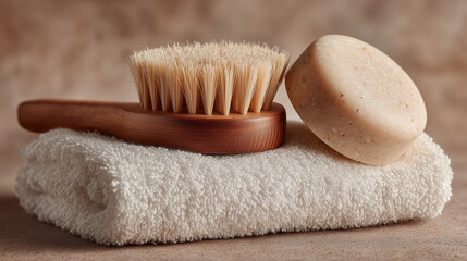 Set of Unbranded Eco-Friendly Bathroom Products: A collection of sustainable, zero-waste products like a solid shampoo bar and a wooden comb.