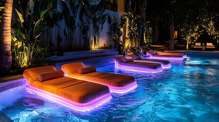 Night-Lit Pool with Glowing Floating Loungers in Luxury Setting