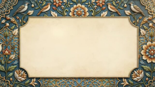 An ornate frame featuring birds and floral patterns surrounds a central tan blank area