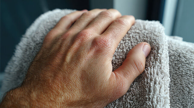 Irrational fear concept. A hand resting on a soft towel, showcasing comfort and relaxation.