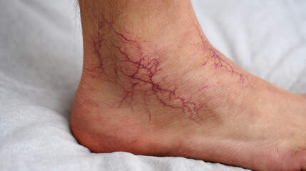 Constant stress concept. Close-up of a foot showing visible veins and skin texture.