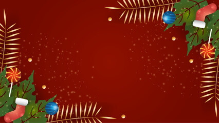 Red Christmas background with ornaments, lollipops, and gold leaves. Suitable for holiday designs, greeting cards, and festive marketing materials.