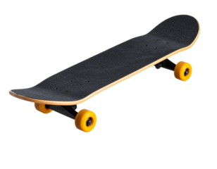 Skateboard in Mid-Air Trick Pose with Motion Blur and Shadow, Angled Dynamic View, Isolated on Transparent Background”.