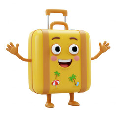 Cheerful cartoon yellow suitcase with beach scene waving hello isolated on transparent background
