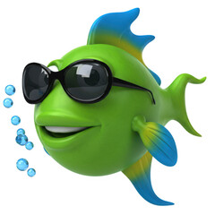 A cool green cartoon fish wearing sunglasses and blowing bubbles isolated on transparent background