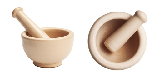 mortar and pestle on white background, still life.