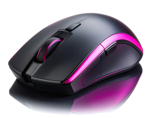  Angled Side View of RGB-Lit Black and Pink Gaming Mouse on Dark Surface, Isolated PNG