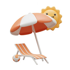 Happy sun peeking over beach umbrella with lounge chair and ball isolated on transparent background