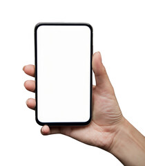 mobile phone in hand with blank screen on white background.