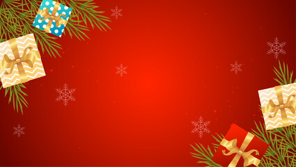 Red Christmas background with presents, snowflakes, and pine branches. Perfect for holiday cards, invitations, and festive social media posts.