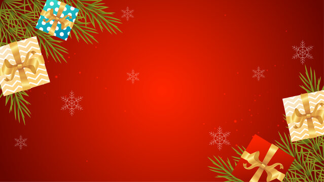 Red Christmas background with presents, snowflakes, and pine branches. Perfect for holiday cards, invitations, and festive social media posts. - Powered by Adobe