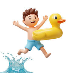 Joyful boy in blue shorts jumping into water with a yellow duck float isolated on transparent background