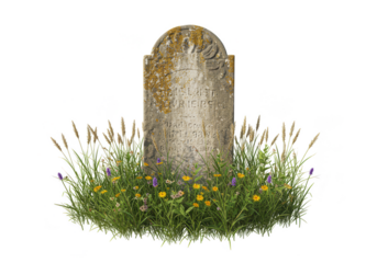 Isolated Tombstone Surrounded by Colorful Flowers on Transparent Background