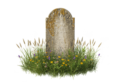 Isolated Tombstone Surrounded by Colorful Flowers on Transparent Background
