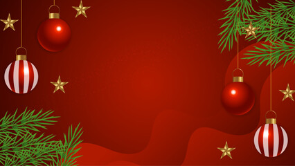 Red holiday background with stars, ornaments, and pine branches is ideal for festive designs, greeting cards, social media posts, and Christmas themed projects.