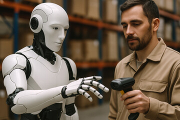 Engineer collaborating with advanced humanoid robot using handheld scanner in industrial warehouse environment