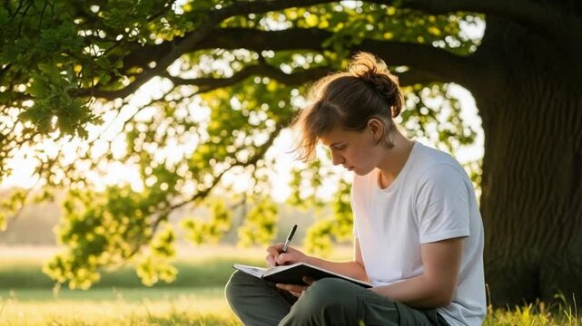 Young Adult Journaling Under Tree with Wind-Blown Hair &ndash; Reflective Island Moment