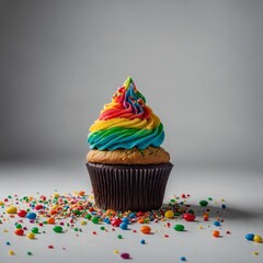 Floating slice of rainbow layer cake with white frosting against a blue background.
