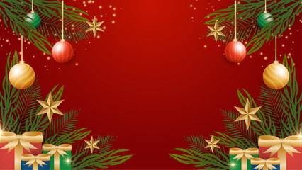 Festive Christmas decorations with ornaments, gifts, stars, and palm leaves. Perfect for holiday greeting cards, invitations, posters, and social media.