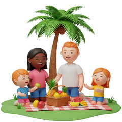 Happy cartoon family enjoying a tropical picnic under a palm tree isolated on transparent background