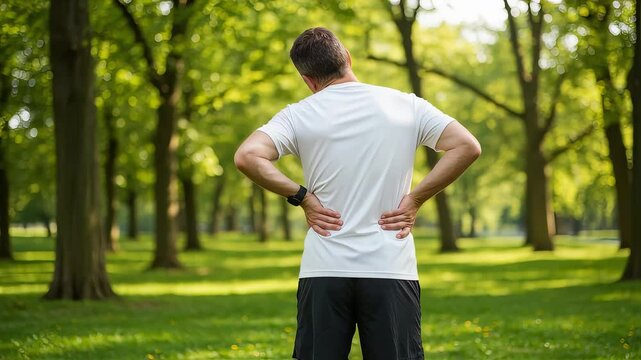 A man wearing a white T-shirt is worried about his back pain in a green park