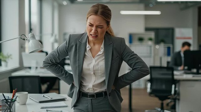 A businesswoman suffering from back pain while working in the office