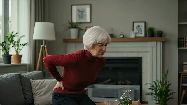 Senior woman suffering from back pain at home and trying to sit on sofa